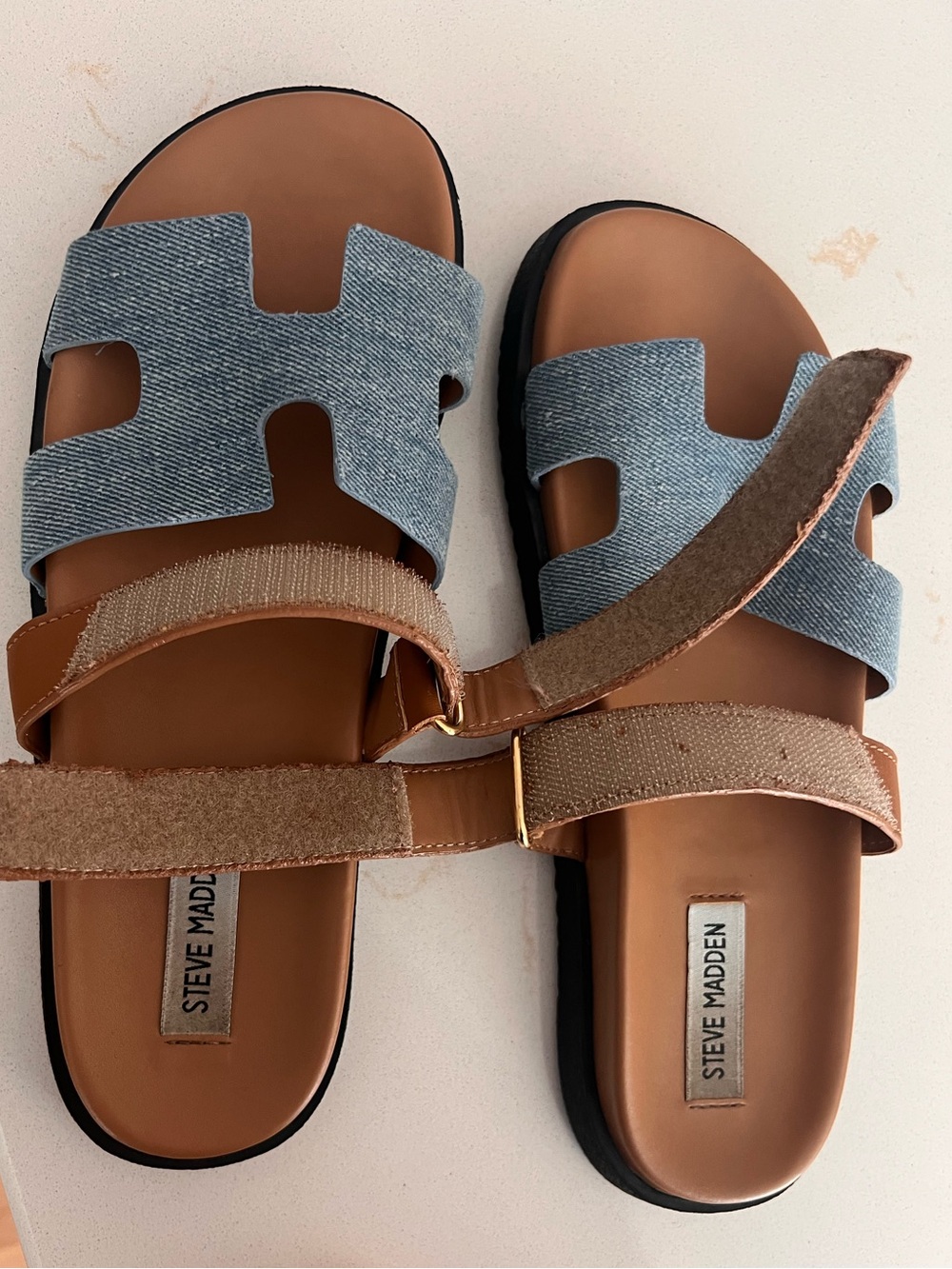 Steve Madden Mayven Denim & Tan Slide Sandals - Picture 8 of 9